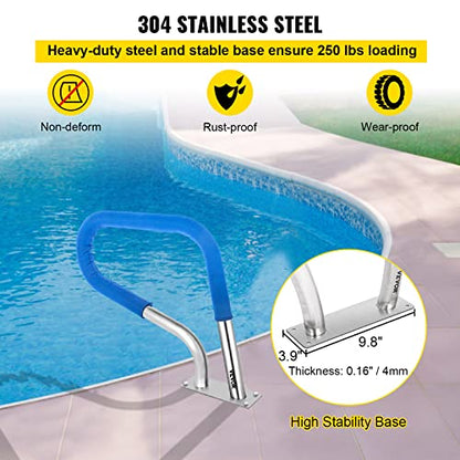 VEVOR Pool Rail 32x23 Pool Railing 304 Stainless Steel 250LBS Load Capacity Silver Rustproof Pool Handrail Humanized Swimming Pool Handrail with Blue Grip Cover & M8 Drill Bit & Self-taping Screws