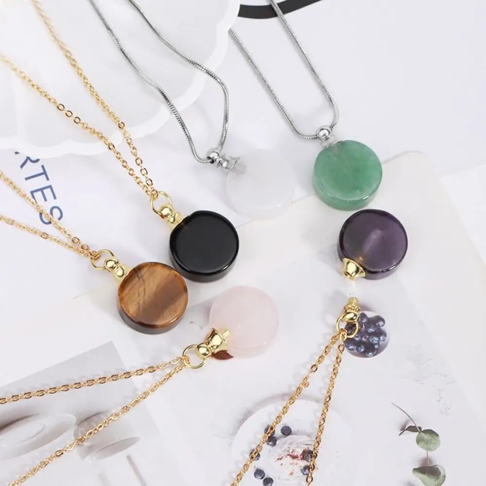 925 Sterling Silver Essential Oil Necklace For Women And Men, 14K Gold Filled Natural Stone Round Perfume Bottle Necklace, Essentials Oil Diffuser Vial Necklace (4 - Essential Oil Necklace)