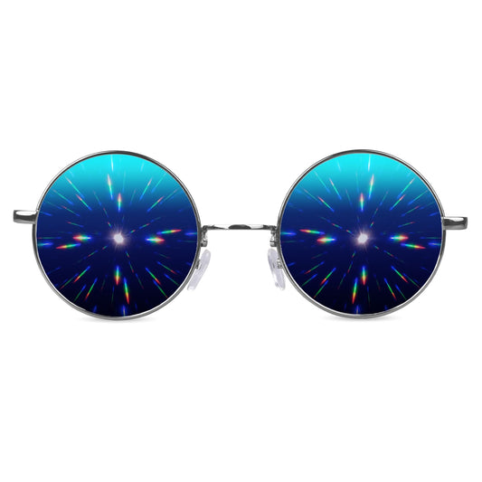 GloFX Blue Mirror Diffraction Glasses | Round Metal Frame with 3D Prism Effect