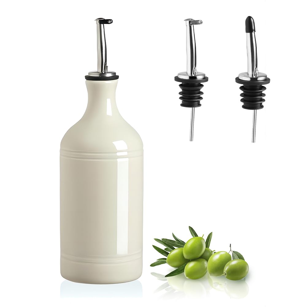 Sweejar Ceramic Olive Oil Dispenser Bottle, Opaque Oil Cruet Protects Oil to Reduce Oxidation, Suitable for Storage Oil, Vinegar, Coffee Syrups & Other Liquids, Pack of 1, 15.5 Fl Oz (Beige)