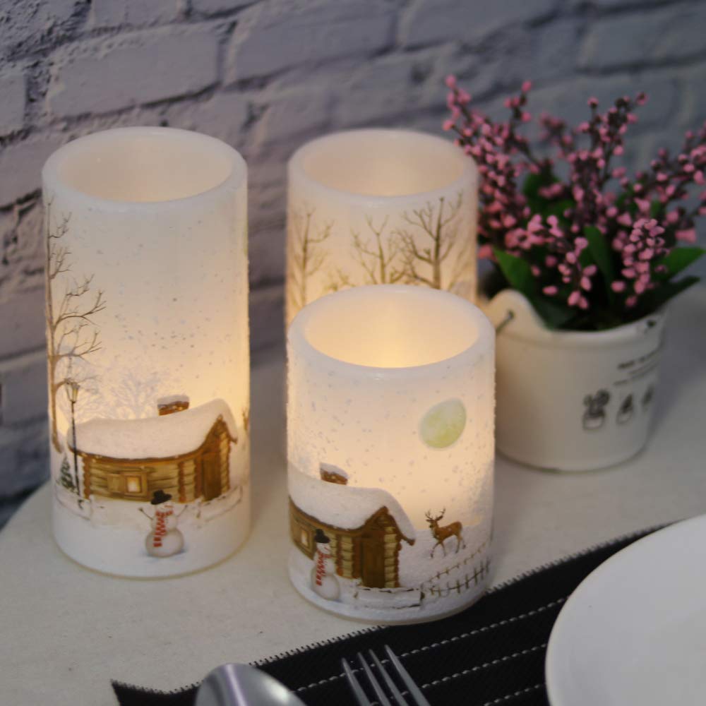 GenSwin Christmas Snowman Flameless Candles Flickering Battery Operated with Timer, Real Wax Led Pillar Candles Warm Light, Christmas Snowman Deer Home Decor Gift(Pack of 3)