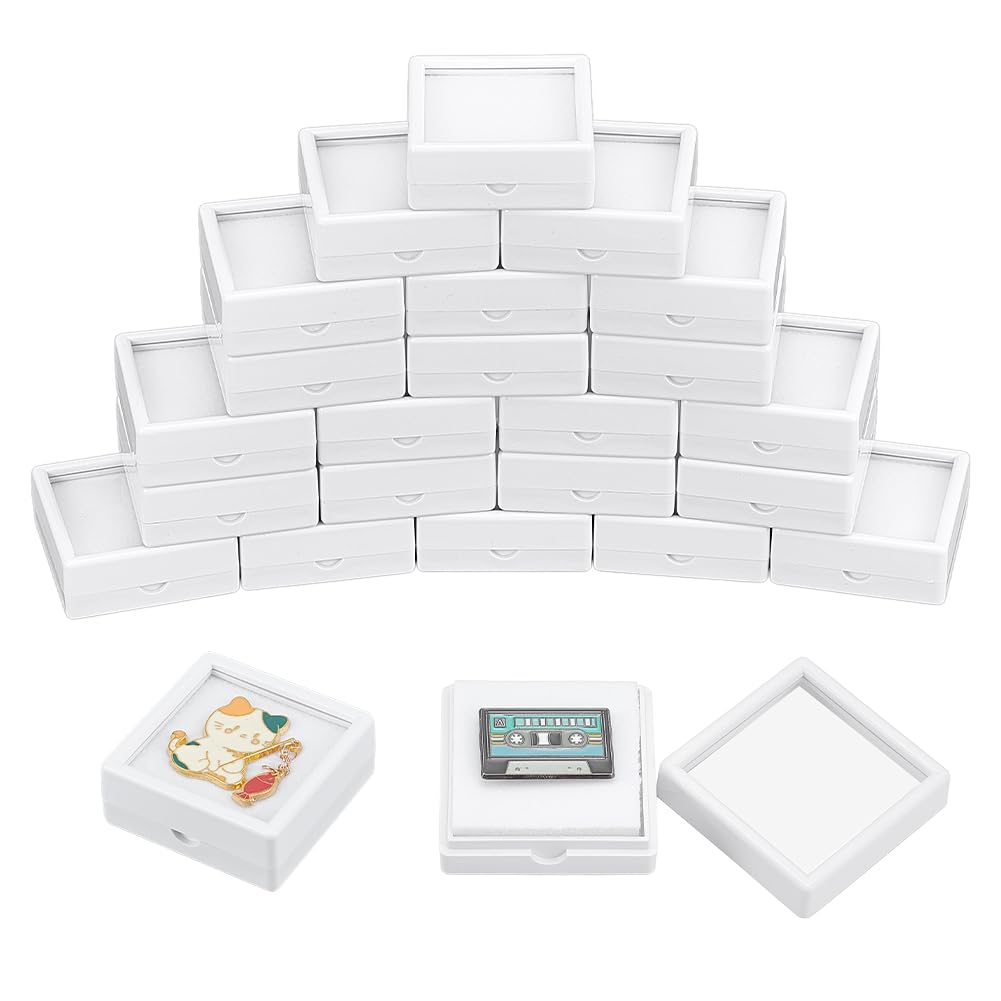 BENECREAT 24Pcs White Gemstone Display Box, 2x2x0.8Inch Jewelry Box Container with Clear Top Lids for Gems, Festival Wedding Jewelry Packaging
