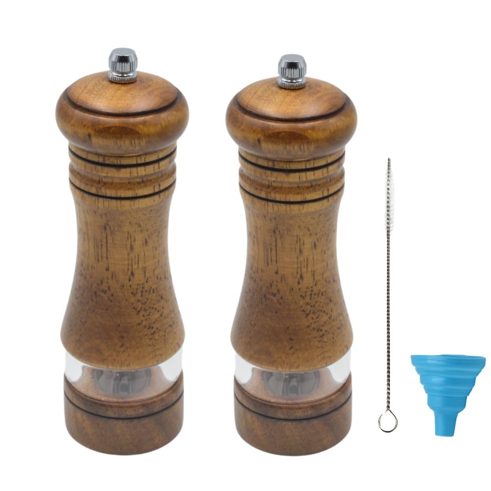 MASALACO Classic Salt and Pepper Grinder Set,Refillable Salt and Pepper Mills,Manual Oak Wood Salt Grinder,Pepper Grinder,Visible Adjustable Ceramic Grinding Rotor,2 Packs Set,6.5 Inch Each