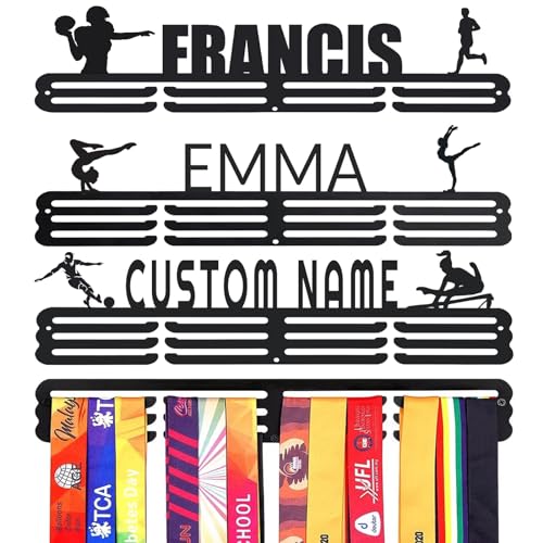 Personalized Medal Holder with Name Display Rack for Awards Ribbons - Metal Custom Sports Race Plaques Hanger for Wall Mount Hold Up 60 Medal Hanger Display for Athlete Boy Girl Kid