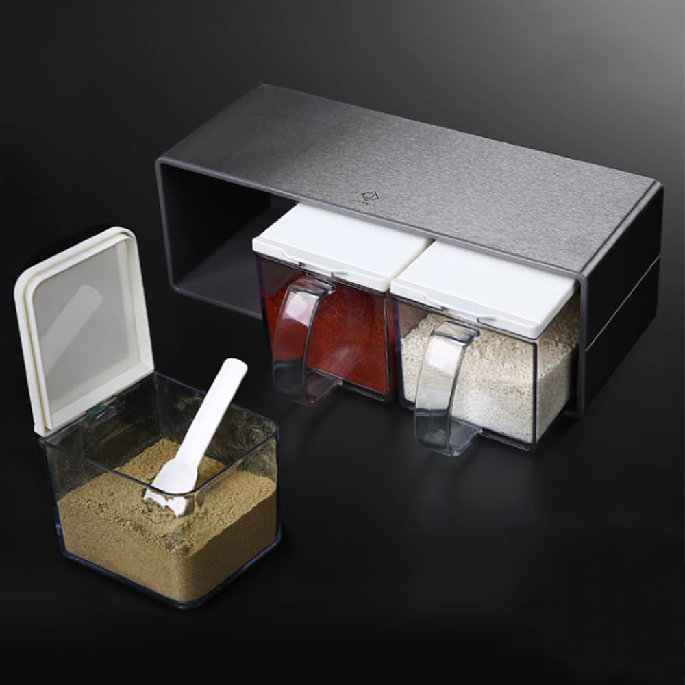 Salt Container With Lid And Spoon, Clear Seasoning Rack Spice Pots, 3 Piece Seasoning Box For Home Kitchen Café Storing Salt Sugar Pepper Spice (3 Pieces)