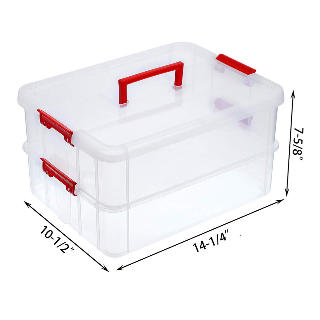 JUXYES 2-Tiers Stack Carry Storage Box With Handle, Transparent Stackable Storage Bin With Handle Lid Latching Storage Container for School & Office Supplies (Red)
