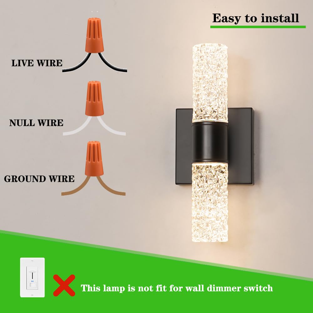 Ditoon Black Sconces Wall Decor Set of 2, Crystal Bathroom Vanity Light Fixture, Modern Hardwired Wall Sconce Light Over Mirror, LED Sconces Wired for Bedroom Hallway Stairwells