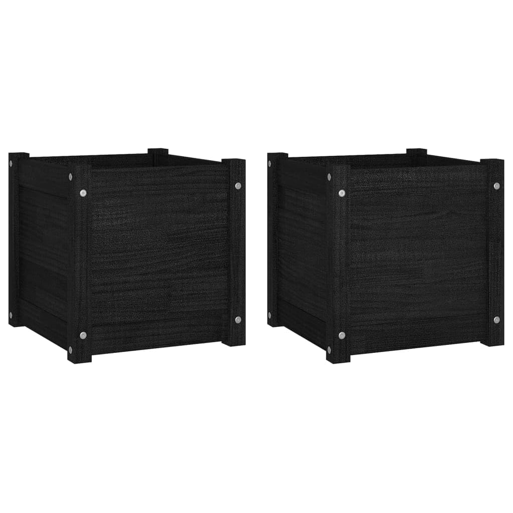 Xolmizyn Set of 2 Solid Pinewood Square Planters 15.7 x 15.7 x 15.7 Inch, Modern Matte Black Wooden Flower Pot for Garden, Terrace, and Indoor Decoration