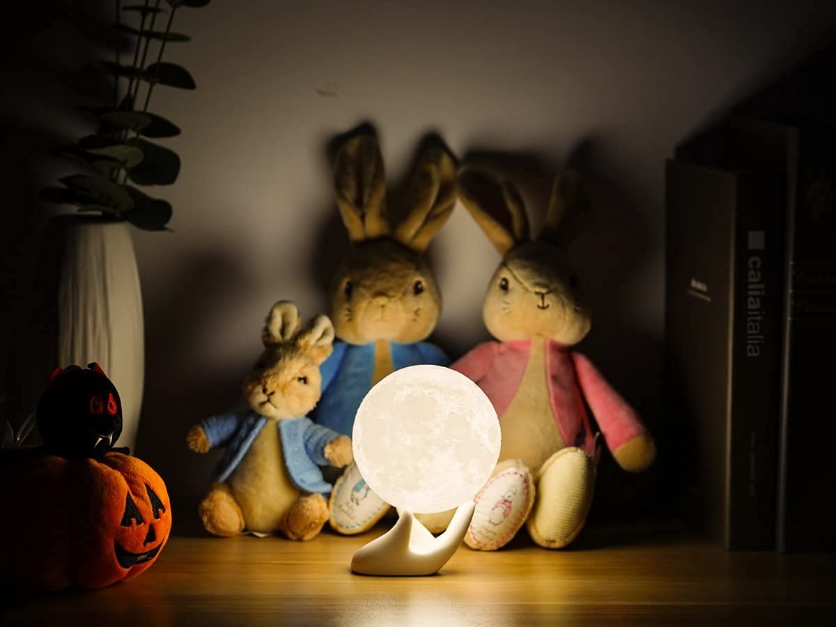 Methun 3D Moon Lamp 9 cm (3.5 inch) — Two-Colour Touch-Dim Bedside & Table Lamp, Overnight Cordless Glow, Ceramic Hand Base, Authentic Lunar Texture — Calming Night Light & Premium Gift