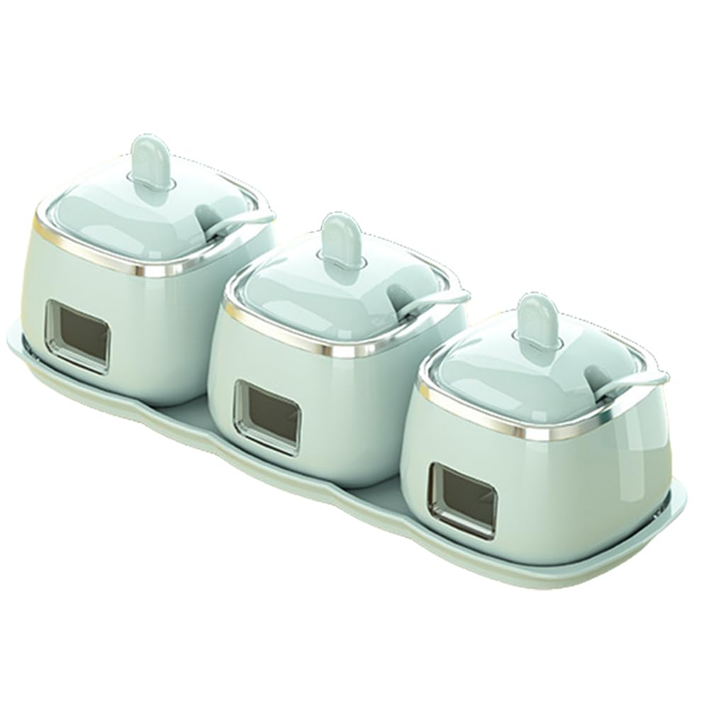 YMYL Set of 3 Condiment Jars Spice Container with Lids Spoons and Tray, Salt Sugar Bowls Seasoning Pots Set for Home Kitchen Counter
