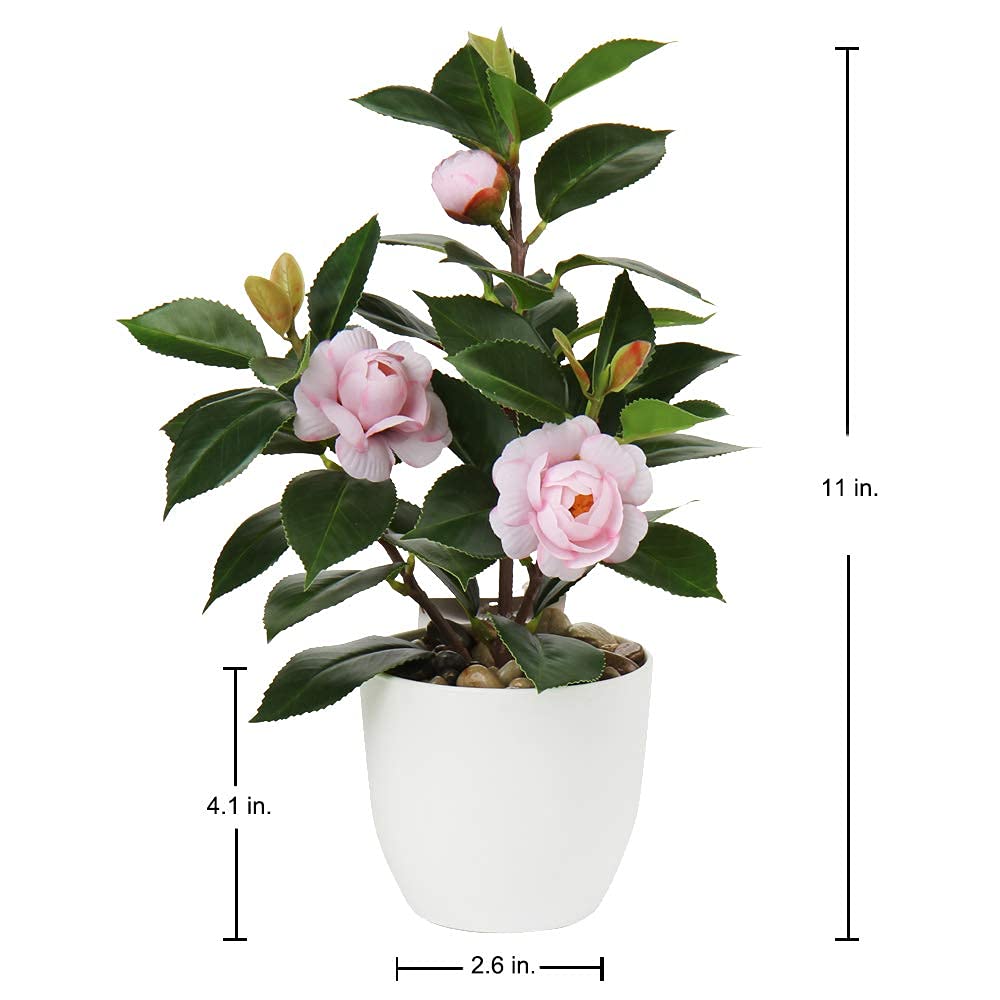 Briful Artificial Plants Mini Camellia Potted Fake Plants Small Faux Plastic Plants Desk Plant Artificial Flowers with Vase for Home Office Desk Kitchen Garden Indoor Decor