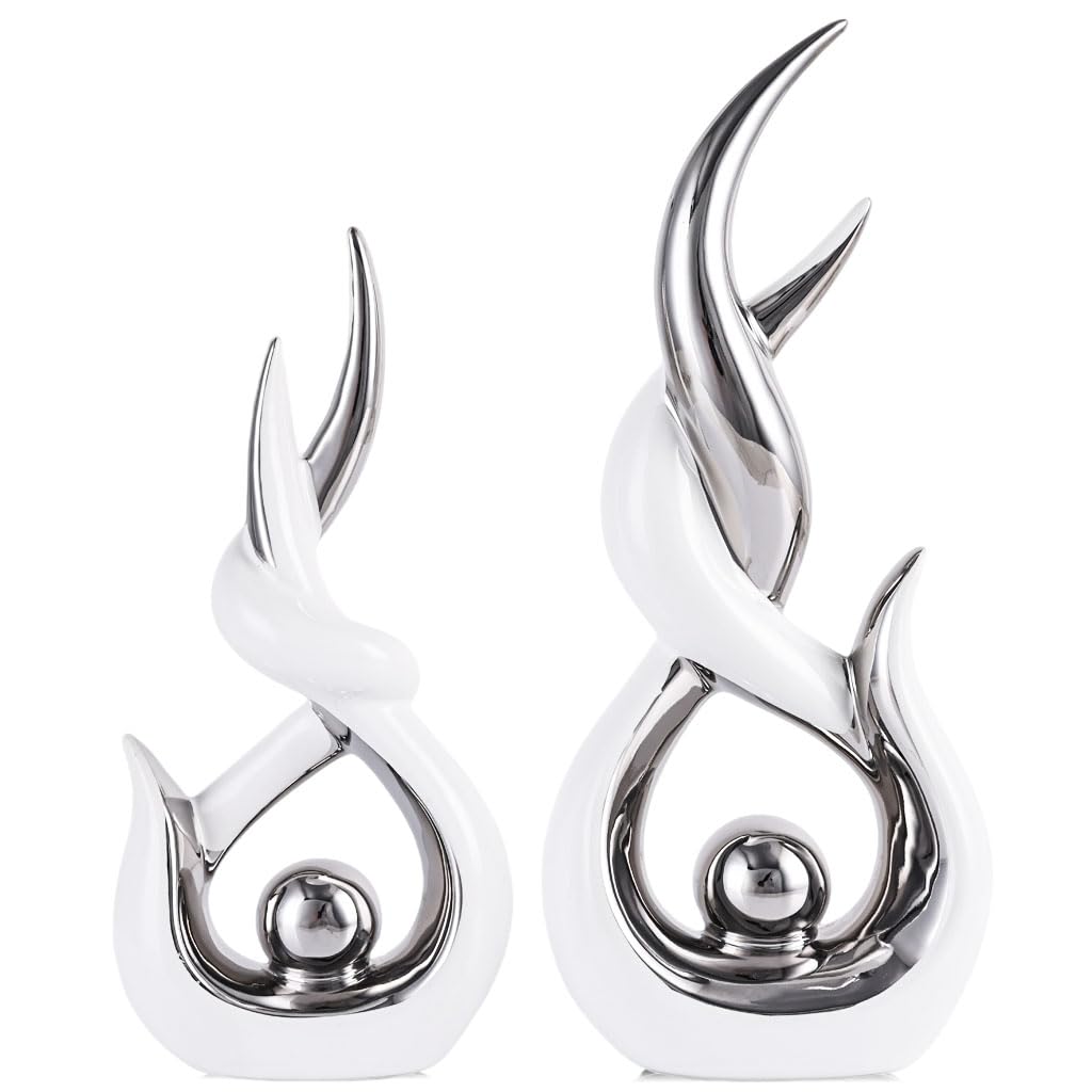 White Silver Ceramic Abstract 2 Piece Statue Set,Mid Century Modern Abstract Art Home Decor Statue Mantelpiece on Unique Shelf Decor, TV Cabinet Divider Table top and Dining Table Centerpiece