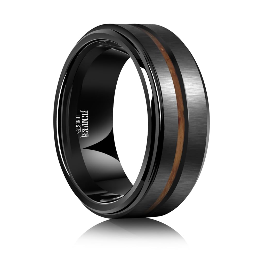 JEWPER 8mm Men Womens Wedding Band Tungsten Rings Black Fashion Promise Carbide Inlaid whiskey barrel wood Outer ring step edge sanding Matte Finish Edge Comfort Fit size(10)
