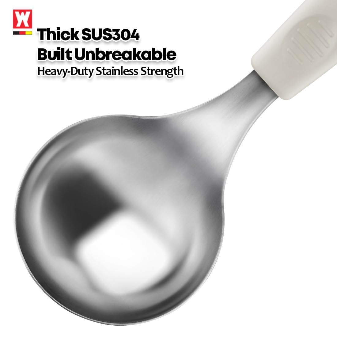 Short Stainless Steel Ladle 220mm (8.6”) – SUS304 Thick Deep Bowl Head with Soft-Grip Silicone Handle – Lightweight Mini Soup & Serving Spoon for Cooking – 5 Color Options (Ivory)