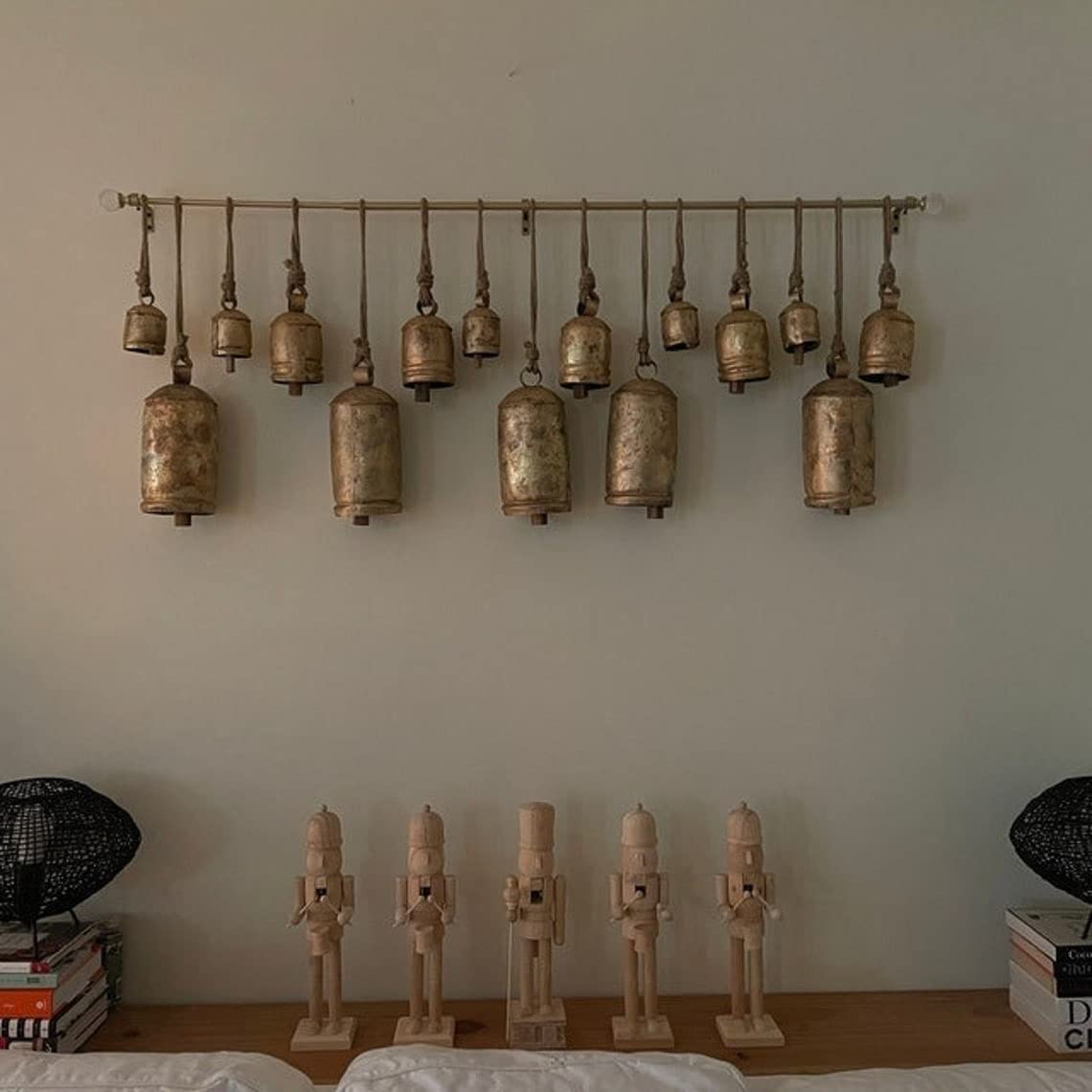 Carfar Handicrafts Giant Vintage Rustic Tin Metal Harmony Cow Bells Complete Set of 15 Huge XXL Rustic Handmade Bells On Jute Rope