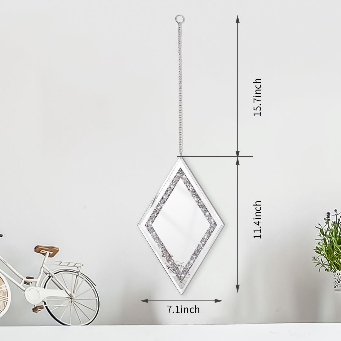 Pibeyer Silver Diamond Shaped Wall Mirror Set of 3, Decorative Crystal Crush Diamond Mirrors for Bedroom, Living Room & Hallway, Home Decor