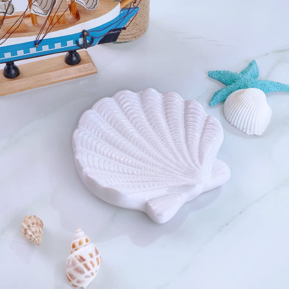 Shell Soap Dish, Starfish Jewelry Dish Tray, Ceramic Ocean Soap Holder for Bathroom,Tub, Kitchen Sink & Vanity Spaces(Shell)