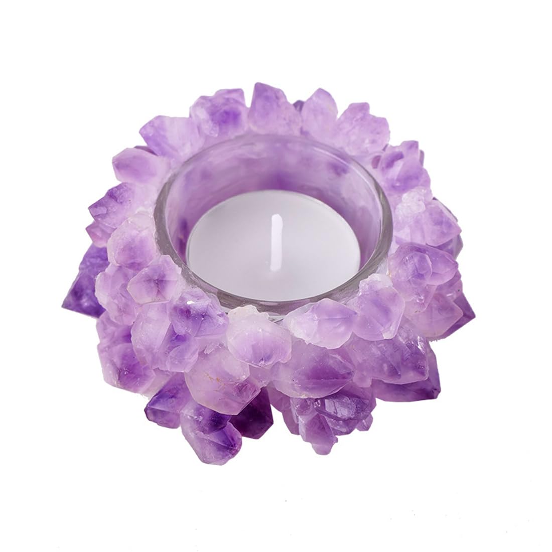 Natural Amethyst Cluster, Raw Crystal Tealight Candle Holder Crystal Stone Candle Stand High Energy Geode Votive with Healing Effects