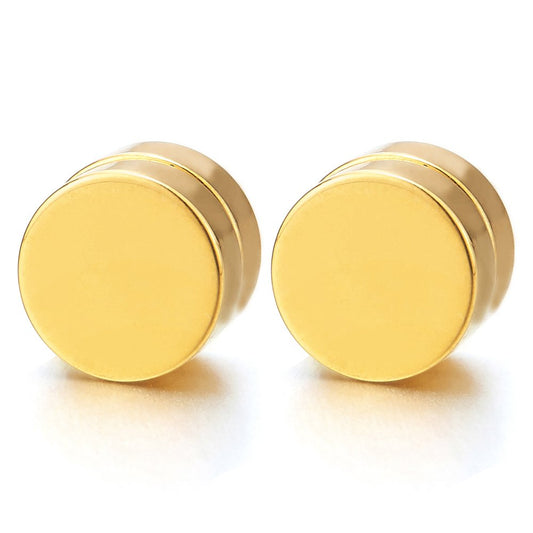 Men Women 8MM Gold Color Magnetic Circle Stud Earrings, Non-Piercing Clip On Cheater Fake Ear Gauges