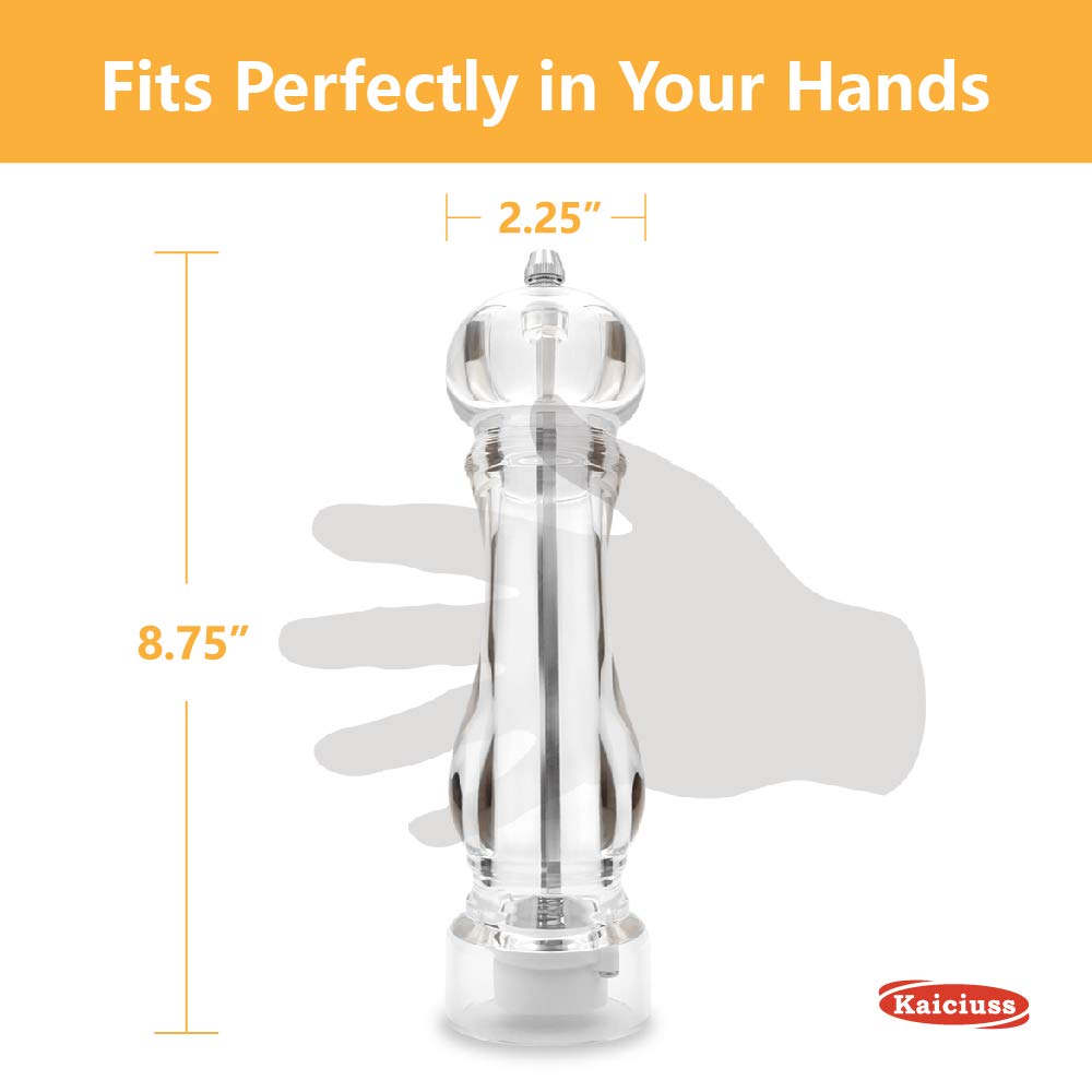 Kaiciuss Salt Pepper Grinder Mill Arcylic,the Best Peppercorn Grinder with Adjustable Mill-Clear