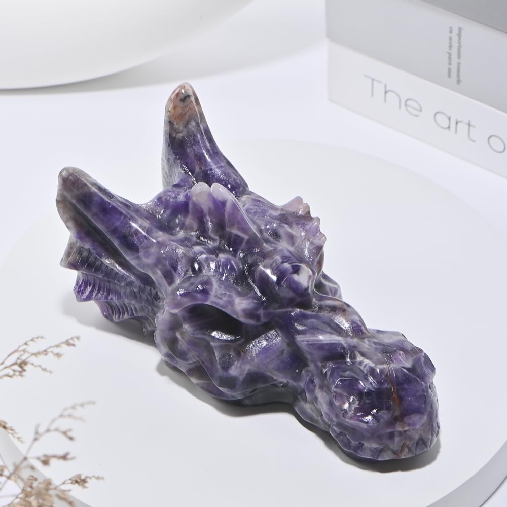 Bmuafry 6''Natural Dragon Head Crystal Skull Head Hand Carved Reiki Healing Stone Statue Healing Home Office Art Room Decoration (Dreamy Amethyst, 6inch)