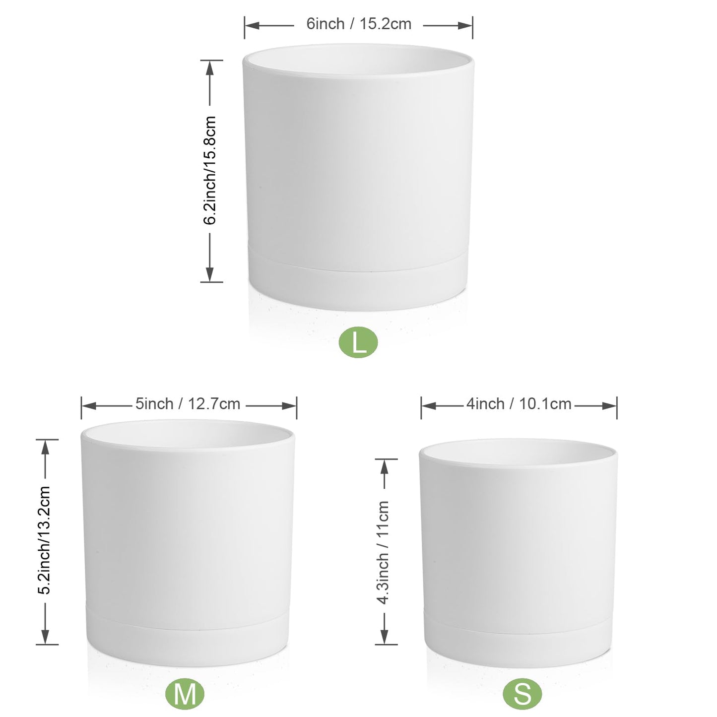 Meowell 6/5/4 inch Flower Pots, Pack of 3 Cylinder Plant Pots for Small Indoor Outdoor Plants, Plastic Planters with Drainage Holes and Saucers for Garden Succulent Nursery House Plants, White
