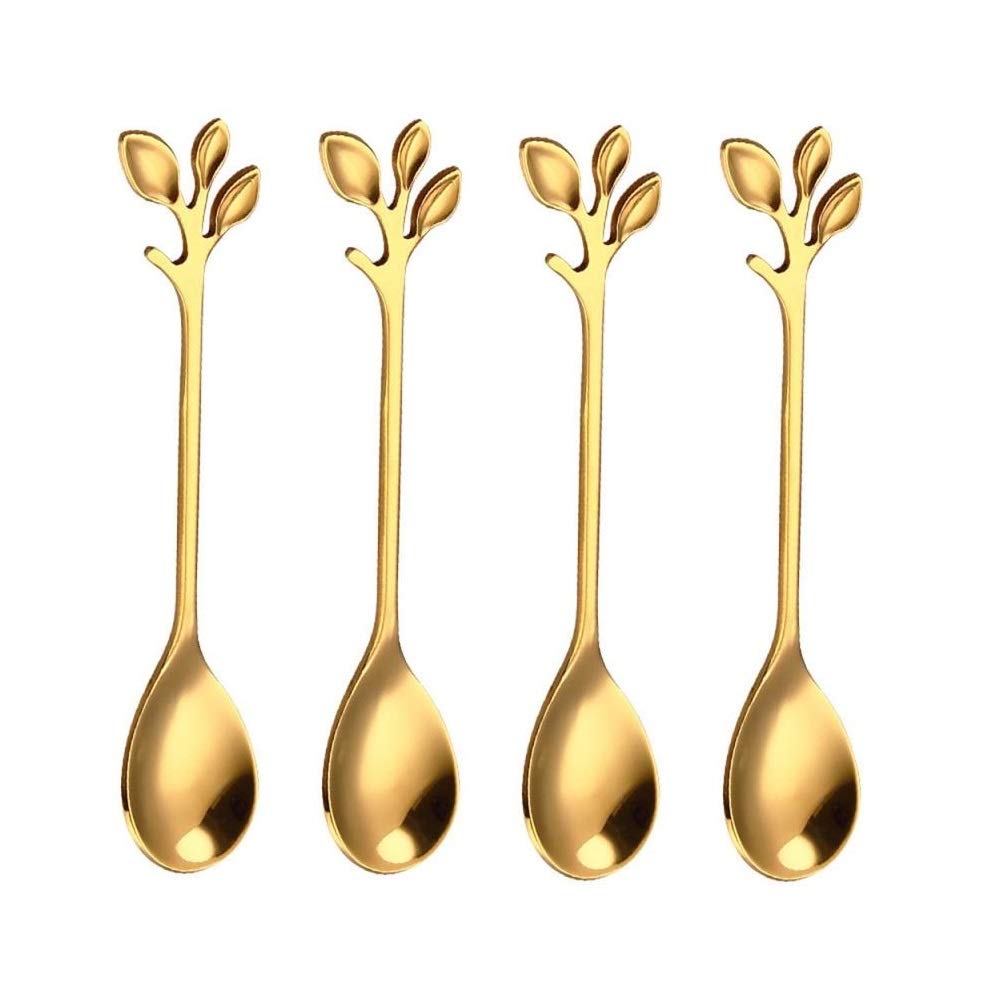 20 Pack Stainless Steel Leaf Coffee Spoon Tableware Dessert Spoons, Stirring, Mixing, Sugar, Stir, Ice Cream, Cake, Teaspoon 4.7 inch Gold