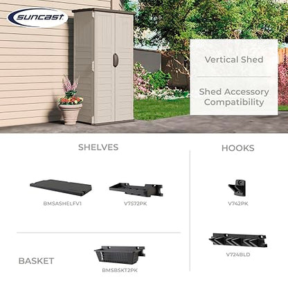 Suncast Vertical Outdoor Storage Shed with Reinforced Floor, Lockable Double Doors, All-Weather Construction, and Multi-Wall Panels, Vanilla, Made in the USA