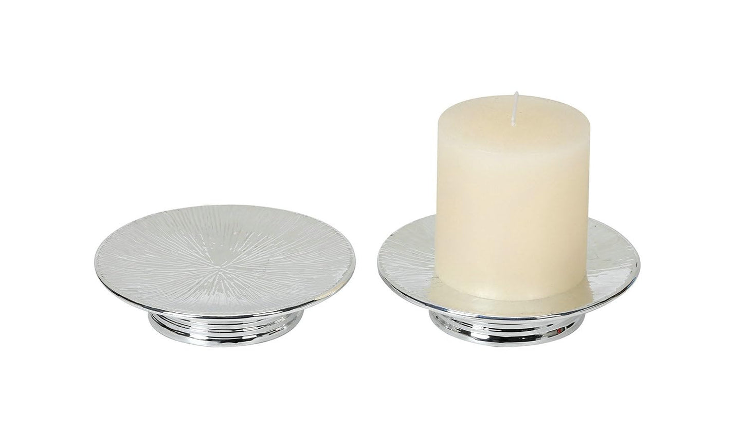 Metallic Silver Ceramic Candle Plate and Jewelry Dish Set of 2, 5" Diameter