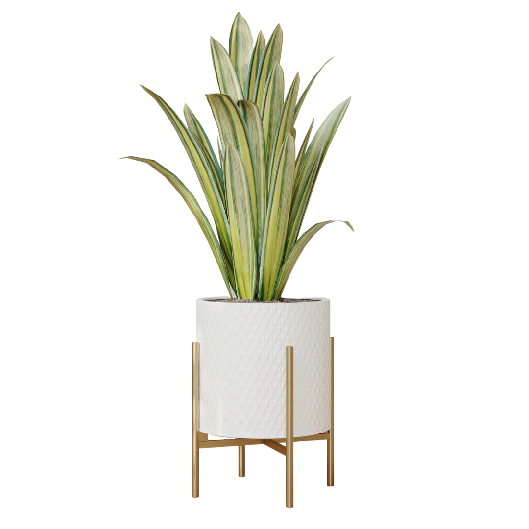 EverNest Claire Mid-Century Modern White Planter and Stand, Indoor Plant Pot, SelectBase, Minimalist Aesthetic, Home Decor for Plants - (Gold Base, Small)