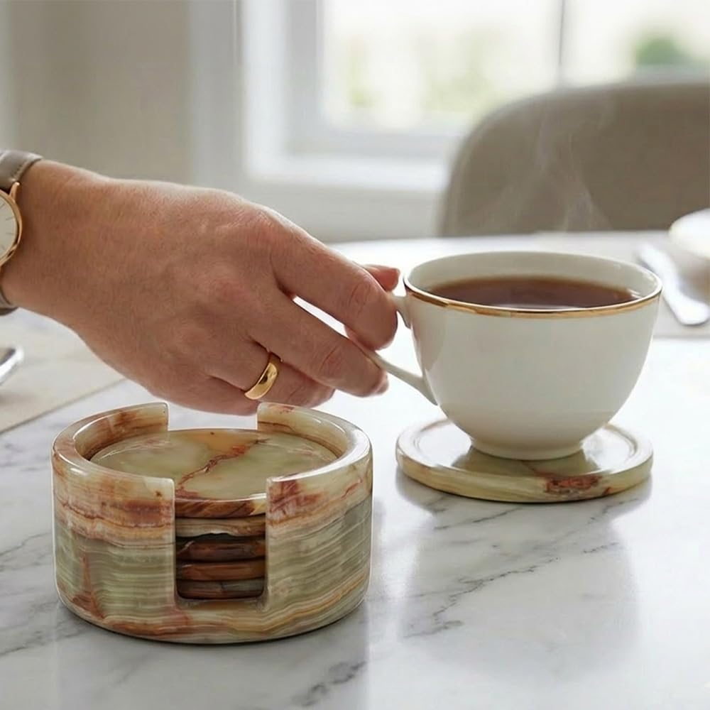 Radicaln Green Onyx Marble Coasters Set of 6 Handmade 3.5" Inches Round Drink Coasters & Cup Coasters for Coffee Table Decor, Ideal Stone Coasters with Holder for Dining Table