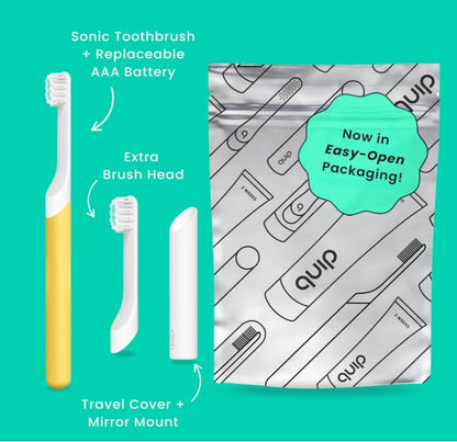 Quip Sonic Toothbrush for Kids with Timer - Includes Extra Brush Head and Travel Cover Mount - Electric, Soft Bristle Refill Head, Rubber Handle, 3 Month Battery Life - Travel Toothbrush - Blue