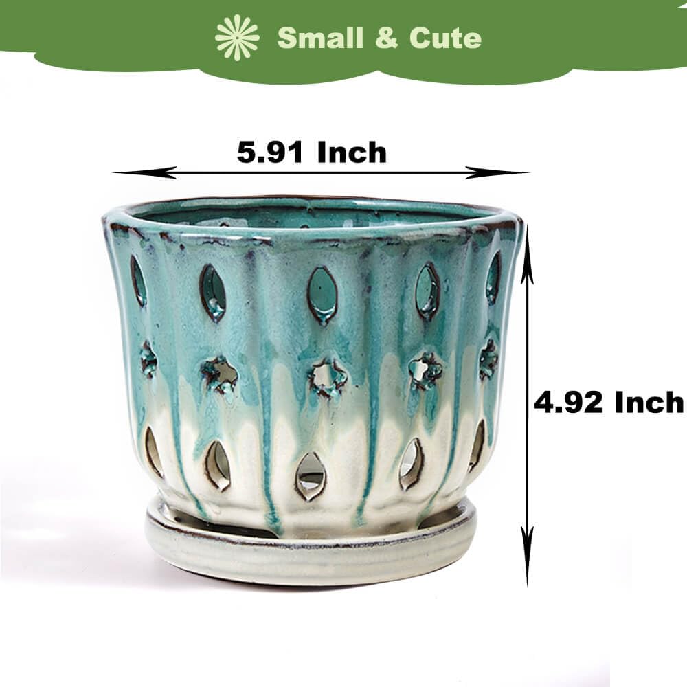 NiSevenLiving Orchid Pots with Holes Attached Saucers 6 Inches - 1 Pcs Small Ceramic Pots for Repotting, Decorative Ceramic Orchid Planter with Hole for Healthy Root Growth Green Over White