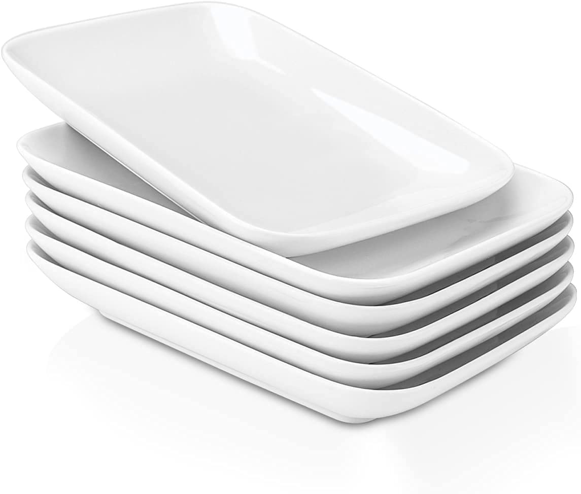 DELLING 8 Inch Rectangular Appetizer Plates Set of 6, Porcelain Salad Dessert Plates White, Small Serving Plates for Sushi Snack, Microwave Oven Dishwasher Safe, Stackable Ceramic Plates