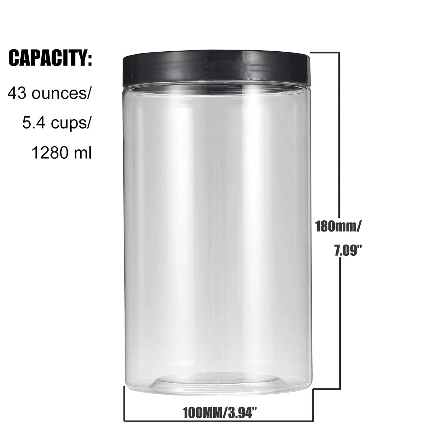 43oz (1280 ml) Clear Plastic Jars with Smooth Black Lids and Labels (6 Pack), Wide Mouth, BPA Free, PET Jars Bulk for Home & Kitchen Pantry Organization and Storage (Black)