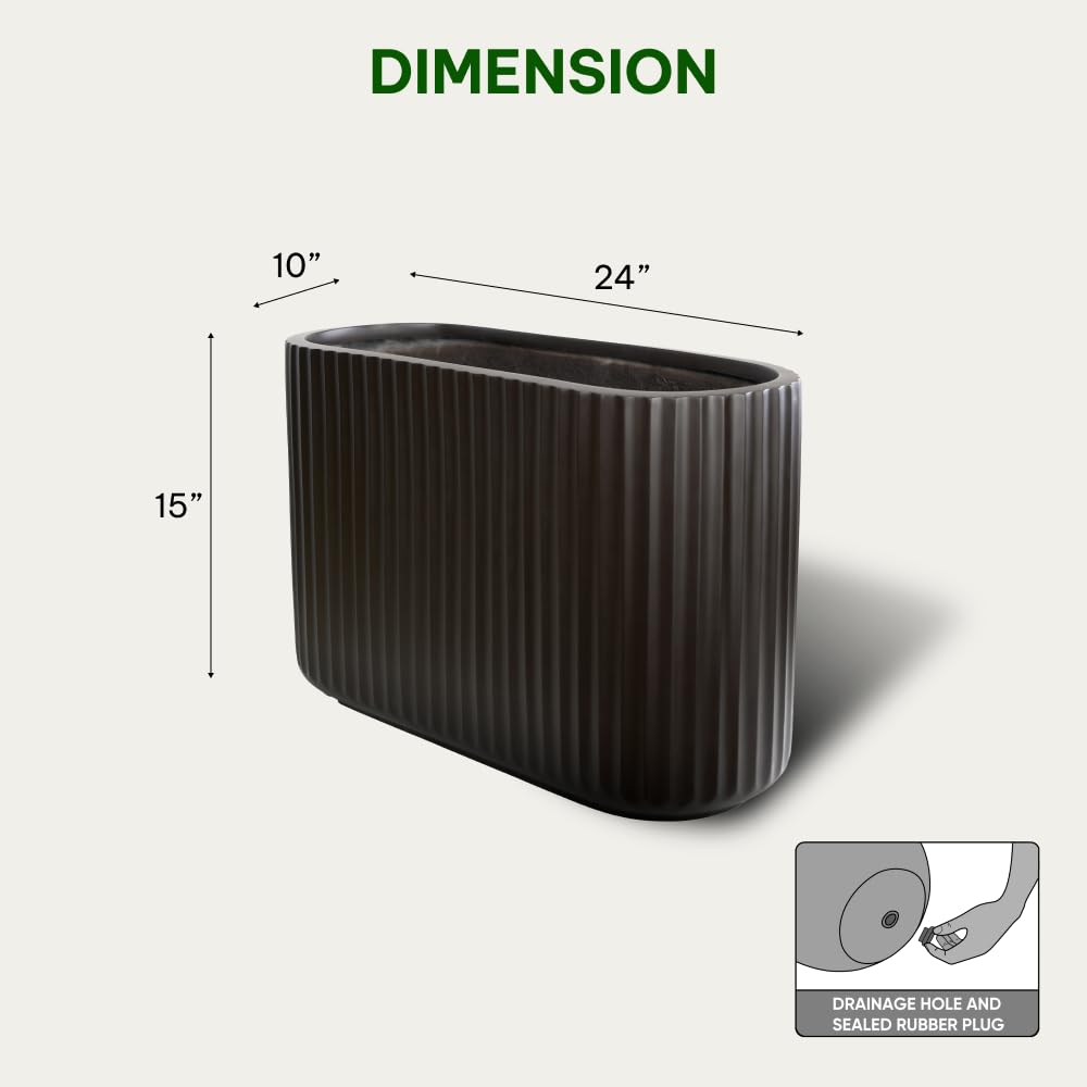 Wil & Vic 89s 15" H x 24" L Sirius Fiberglass Planter, Round Indoor and Outdoor Plant Pot with Drainage Hole, Lightweight, Durable Minimalist Home, Included Extra Coco Mats, Black