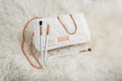Sigma Beauty Glam ‘N Glow Mini Eye Makeup Brush Set – Set of 3 Eye Makeup Brushes for Blending, Shading, Lining, and Smudging, Includes Stylish Black Small Makeup Bag (4 Pcs)