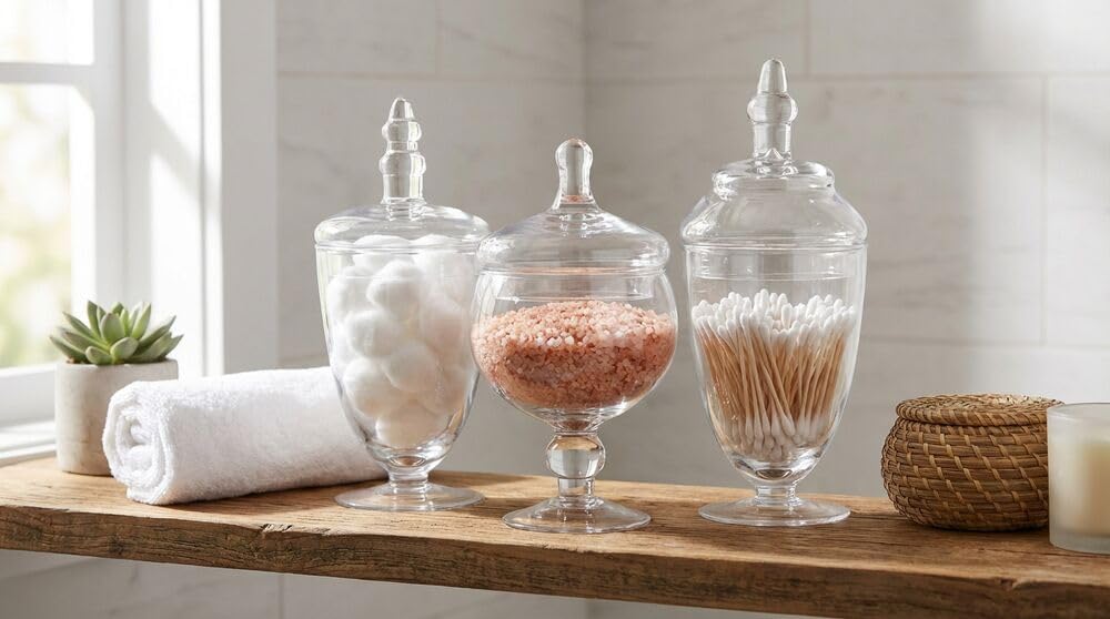 Elements Clear Glass Apothecary Jars with Lids, Set of 3 - Decorative Storage Jars for Home, Kitchen, Bathroom - 10, 9.5, 8.5 Inch Handcrafted Display Jar Set