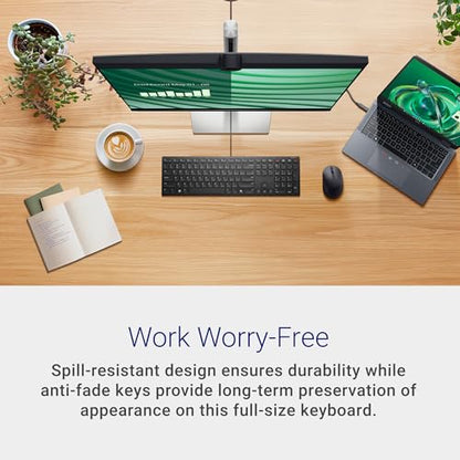 Dell Wireless Keyboard and Mouse - KM3322W, Wireless - 2.4GHz, Optical LED Sensor, Mechanical Scroll, Anti-Fade Plunger Keys, 6 Multimedia Keys, Tilt Leg - Black