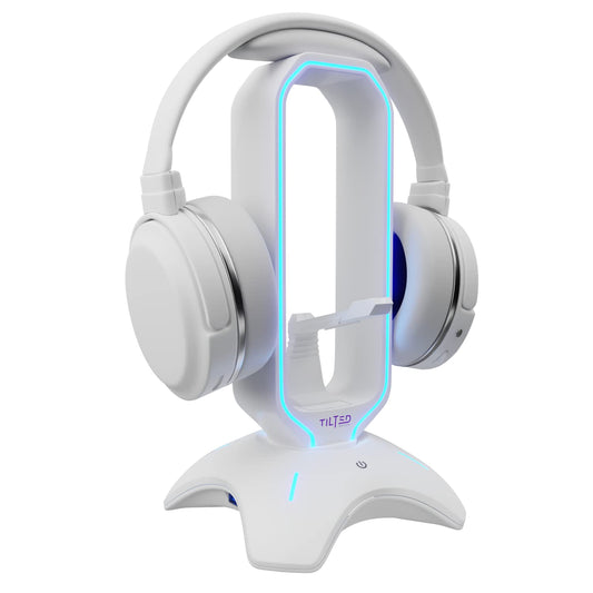 Tilted Nation Gaming Headphone Stand | RGB Headset Stand White | Headset Holder for Desk with Mouse Bungee and USB Hub | The Ultimate Gaming Accessories for Gamers for PS5, Xbox, PC - White
