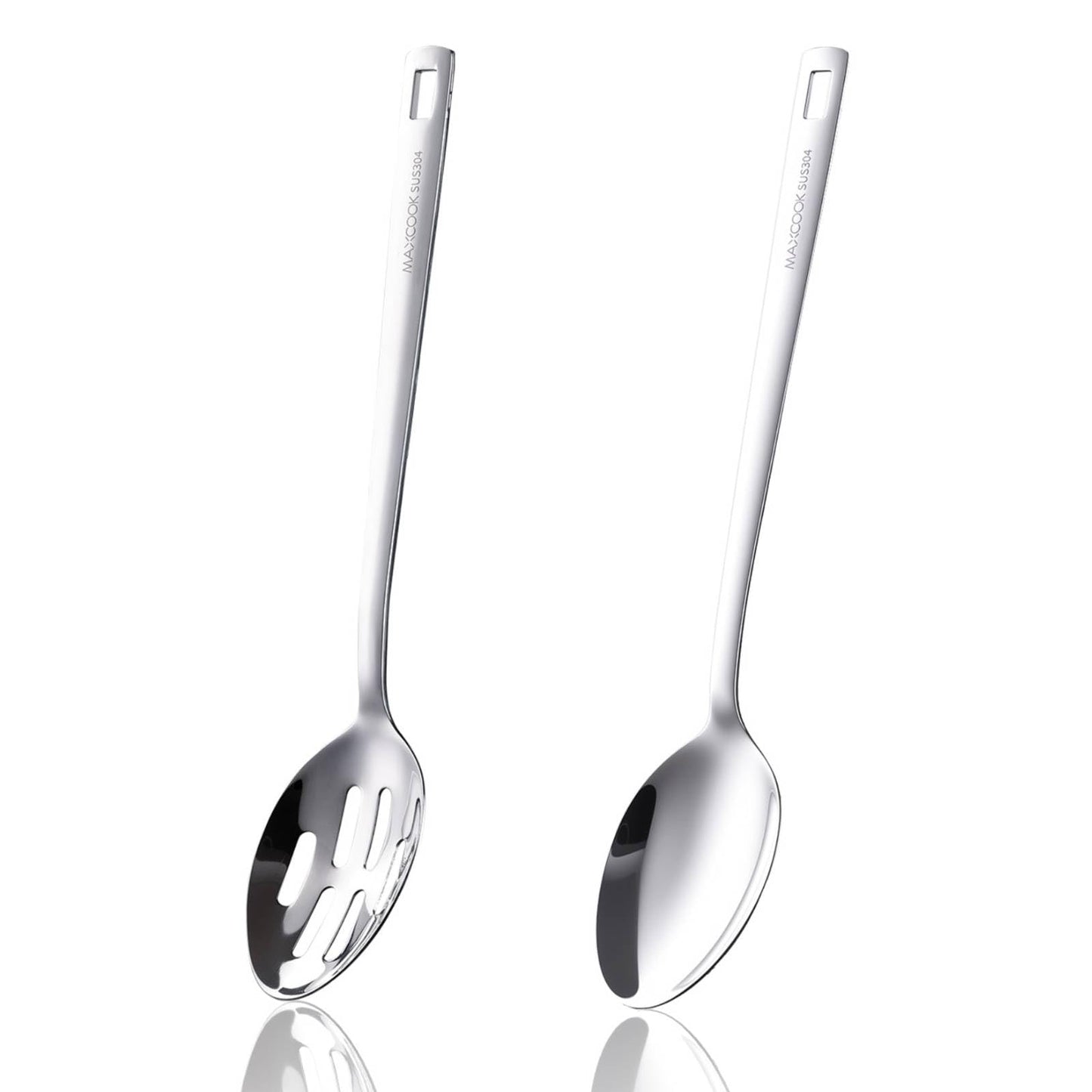 MAXCOOK 18/8 Stainless Steel Cooking Spoons Set - 2-Piece Solid Slotted Serving Spoon Cooking Utensils set for Pasta, Veggies, Salads (Dishwasher-Safe)