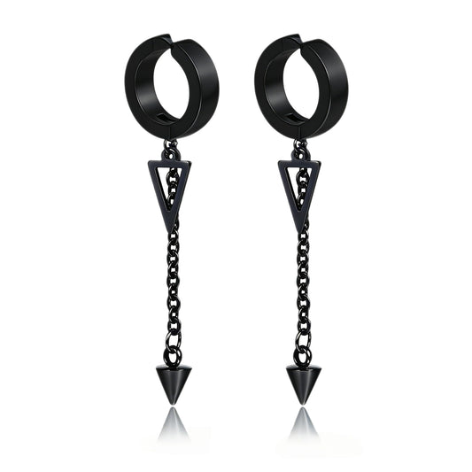 Fusamk Punk Rock Stainless Steel Triangle Ear Clip Earrings Spike Long Chain Dangle Earrings(Black)