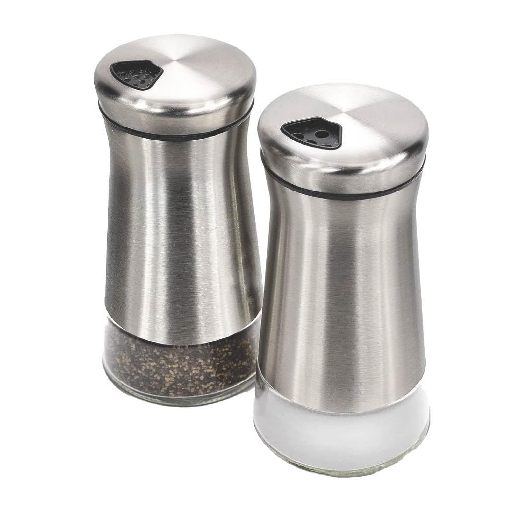 Elegant Silver Salt and Pepper Shaker Set Adjustable Stainless Steel and Glass Modern Design Adjustable Top Makes it the ideal Spice and Seasoning Dispenser Kitchen Sugar and Cinnamon Shakers