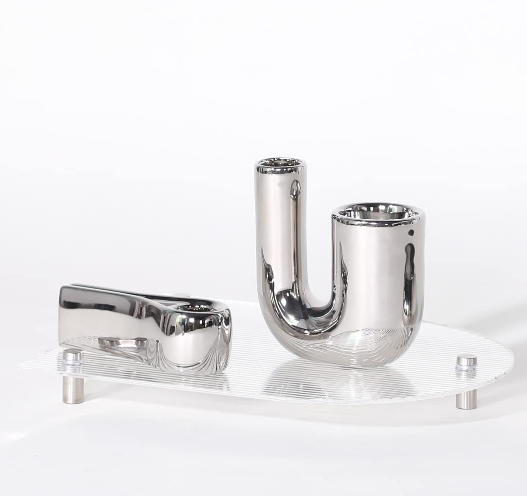ITrixgan Silver Candlestick Holders, Decorative Taper Candle Holder Set Decor for Table Centerpiece Fireplace, Modern Silver Candle Holders Set, Aesthetic Ceramic Candle Stick Holder