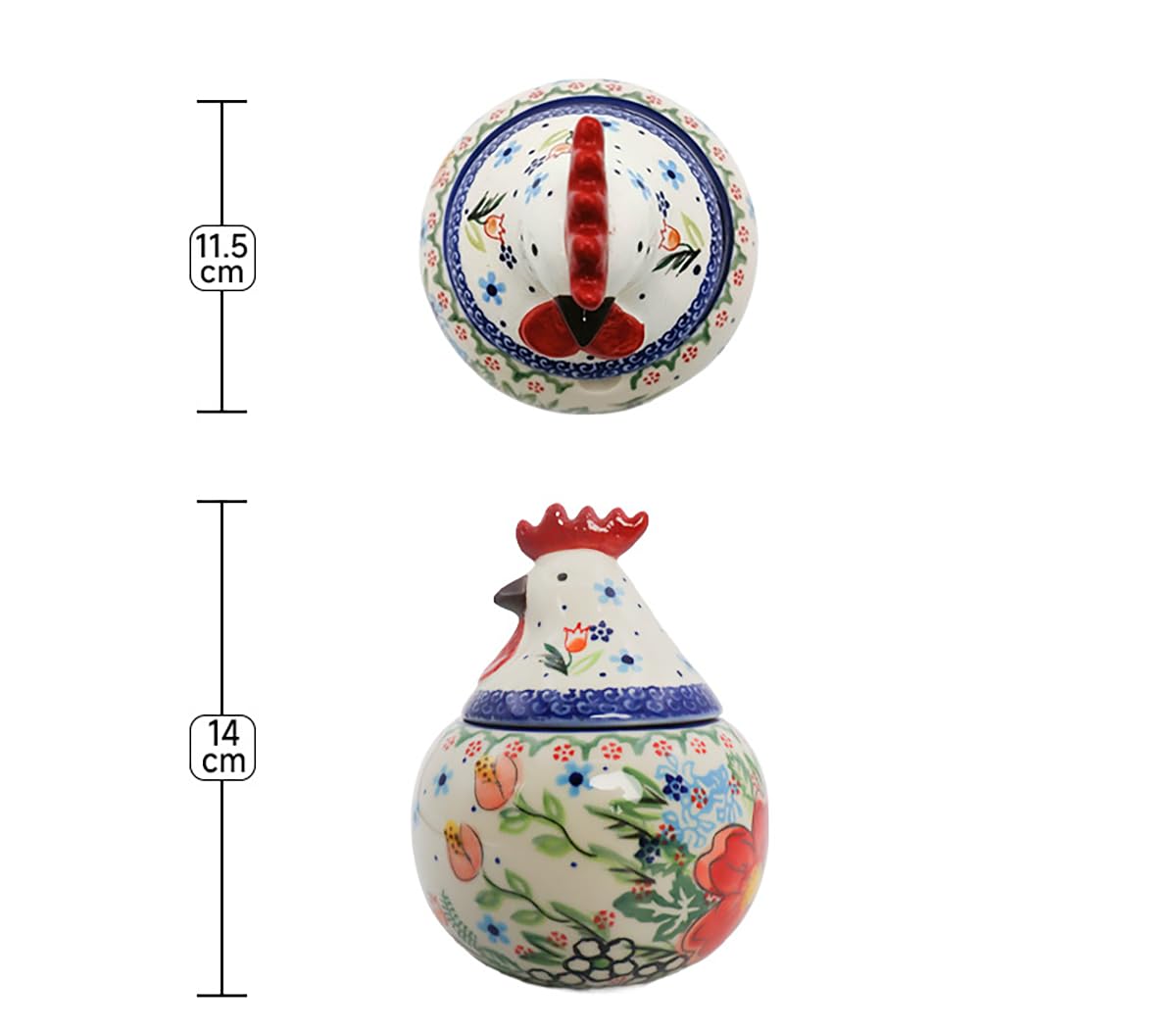 Bicuzat Vintage Flower Pattern Ceramic Sugar Bowl, Rooster Shaped Salt Bowl with Lid, Retro Cock Bowl Condiment Pot for Home and Kitchen, 12 OZ