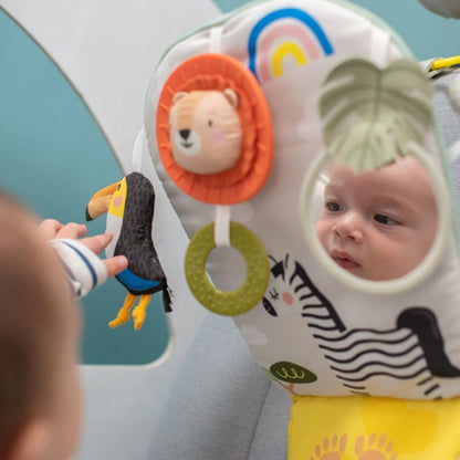 Taf Toys Savannah Play and Kick Car Toy with Sensory Toys. Rear Facing Baby Car Travel Activity Centre. Baby-safe Mirror, Hanging Rattling Toy and Lion Teether. Suitable for Boys & Girls from Birth