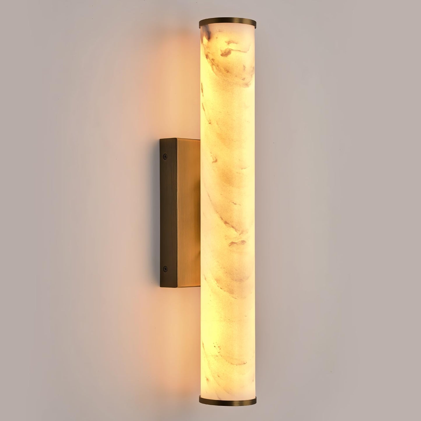 Alabaster Wall Sconces, 20" Brass Wall Sconce, Cylinder Natural Marble Sconces Wall Lighting, Modern Stepless Dimmable Sconces Lighting for Bathroom Living Room Bedroom Stairs Hallway