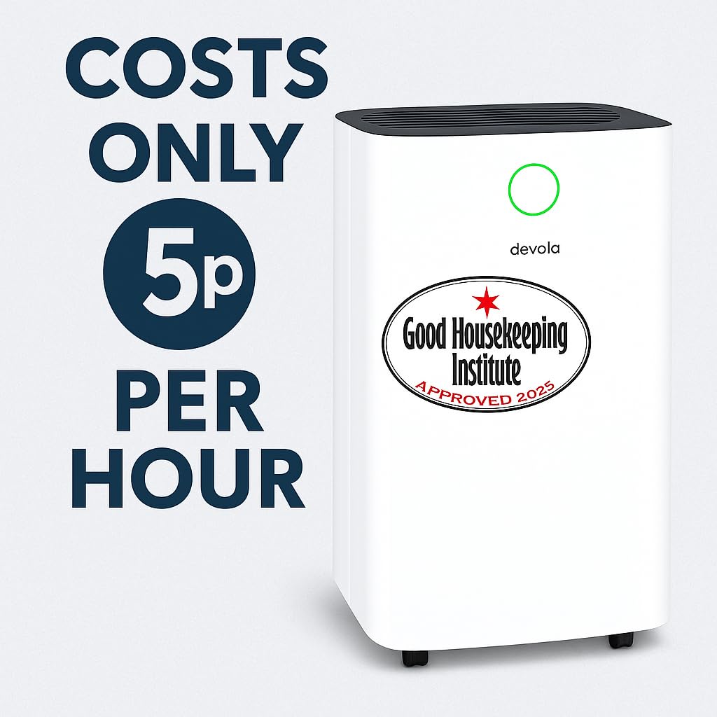 Devola 12L/day Low Energy Dehumidifier, Quiet & Energy Efficient (costs less than 5p per hour) Dehumidifiers for Home, Laundry Drying Dehumidifier, Dust Filter, Continuous drainage