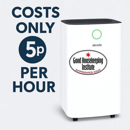 Devola 12L/day Low Energy Dehumidifier, Quiet & Energy Efficient (costs less than 5p per hour) Dehumidifiers for Home, Laundry Drying Dehumidifier, Dust Filter, Continuous drainage