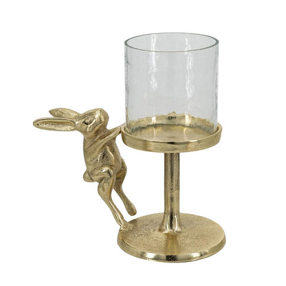 Gold Rabbit Pillar Candle Holder with Glass Hurricane Shade, Decorative Animal Tabletop Candleholder for 2.5” Pillar Candles, Elegant Spring Easter Home Décor & Centerpiece Gift